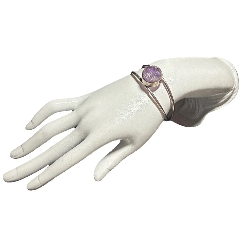 925 Sterling Silver Cuff Bracelet W Raw Amethyst Round Stone Denmark‎ J20-1
